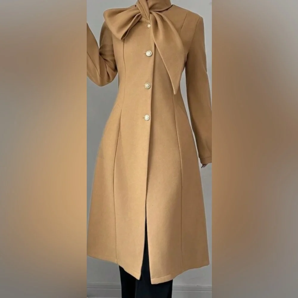 Classic Tan Tie Neck Button Pockets Coat Jacket - Picture 1 of 7